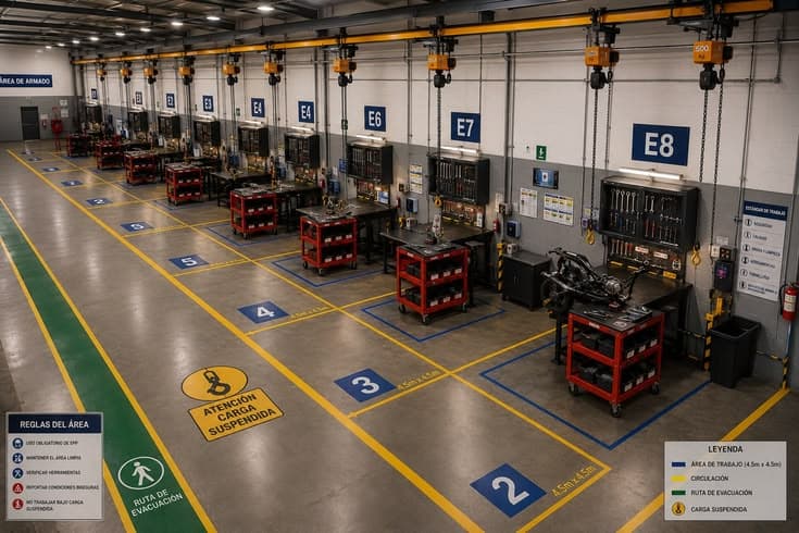 Industrial epoxy floor with yellow walkways and numbered assembly bays