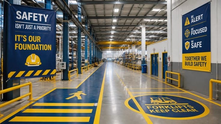 Navy epoxy pedestrian path with yellow forklift keep-clear marking
