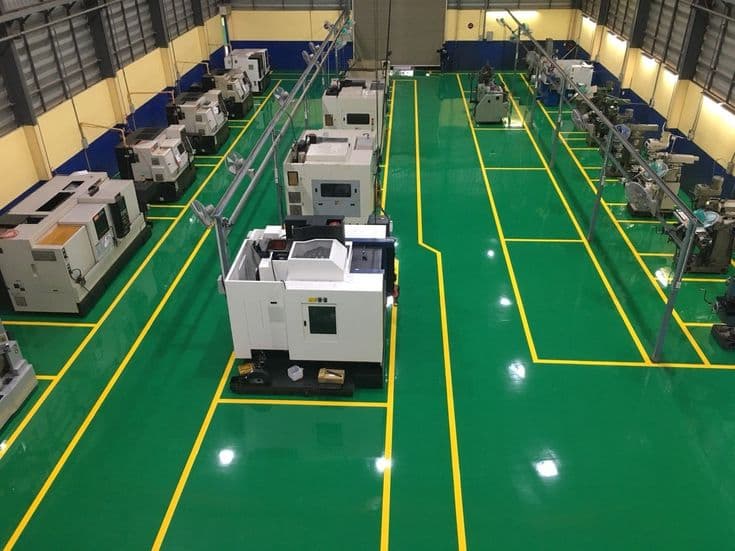 Green epoxy factory floor with yellow safety grid lines