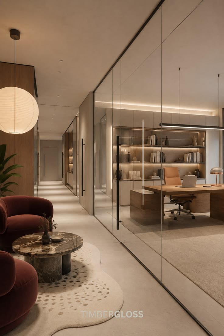 Architectural glass — Luxury Office Corridor Design Warm Wood Joinery & Glass Walls Dubai