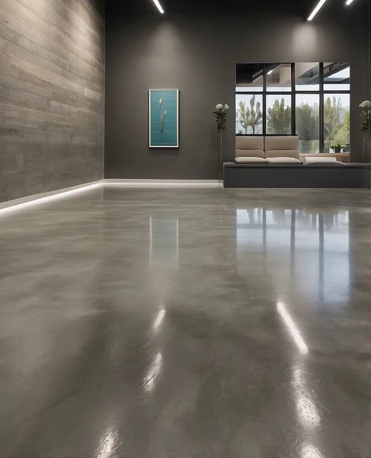 Polished concrete floor reflecting linear lights in a modern interior