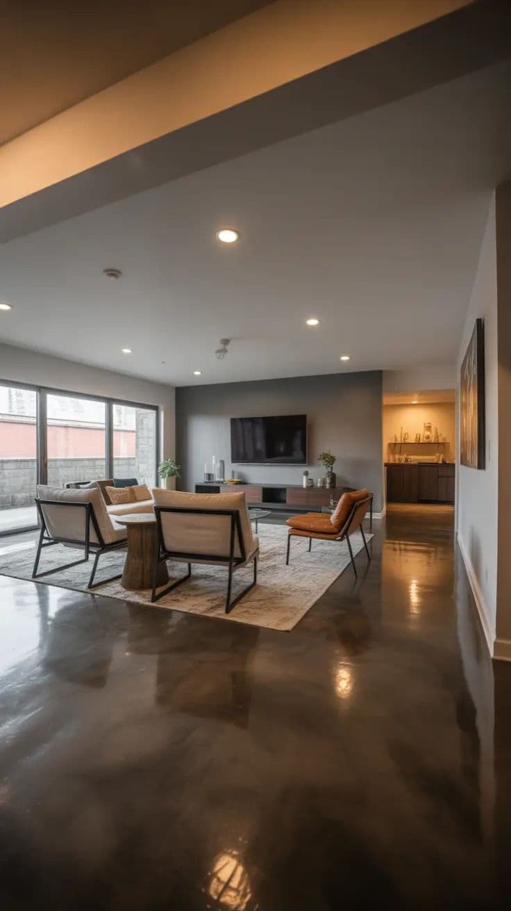 Precision floor polishing — Basement Remodeling Ideas 2026 Stained Concrete Floors In Basement Design Ideas