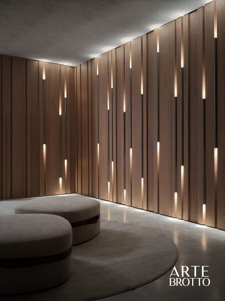 Floor-to-ceiling PVC louver wall with staggered vertical LED lighting