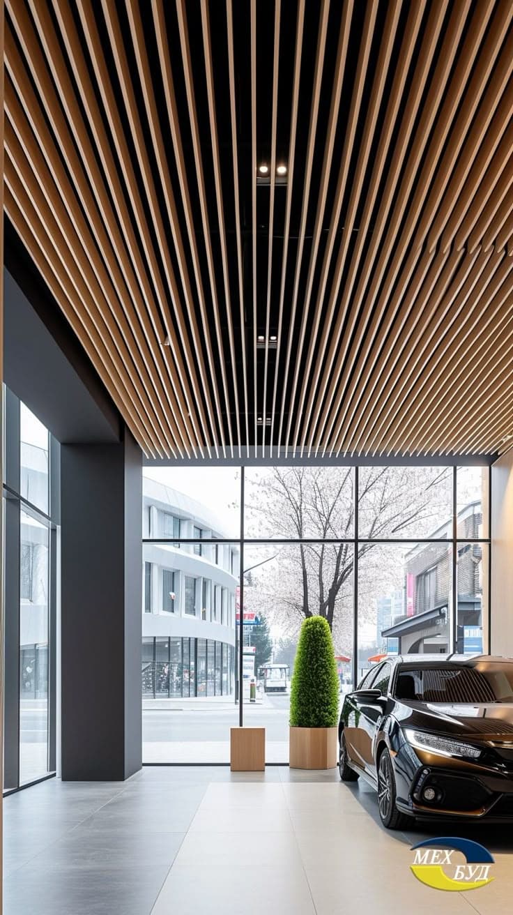 Cubic PVC ceiling louvers defining an elegant interior volume