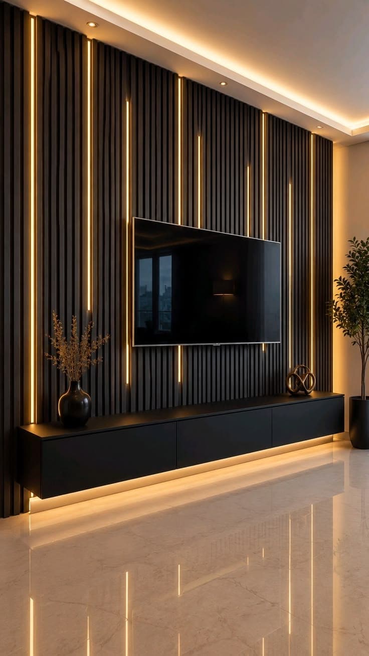 PVC louvers — 35 Modern TV Unit Designs That Are Sleek And Stylish