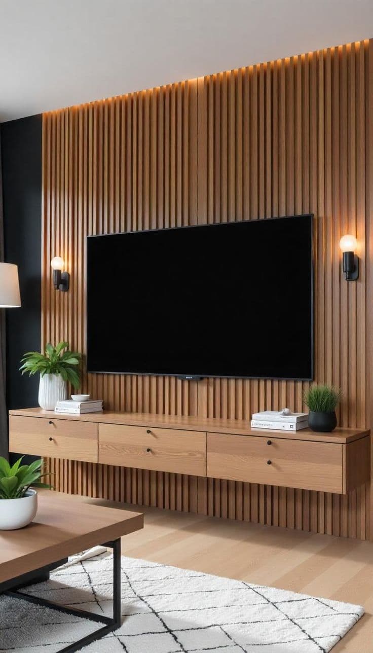 PVC louvers — Modern Minimalist TV Unit With Wooden Slat Wall Feature
